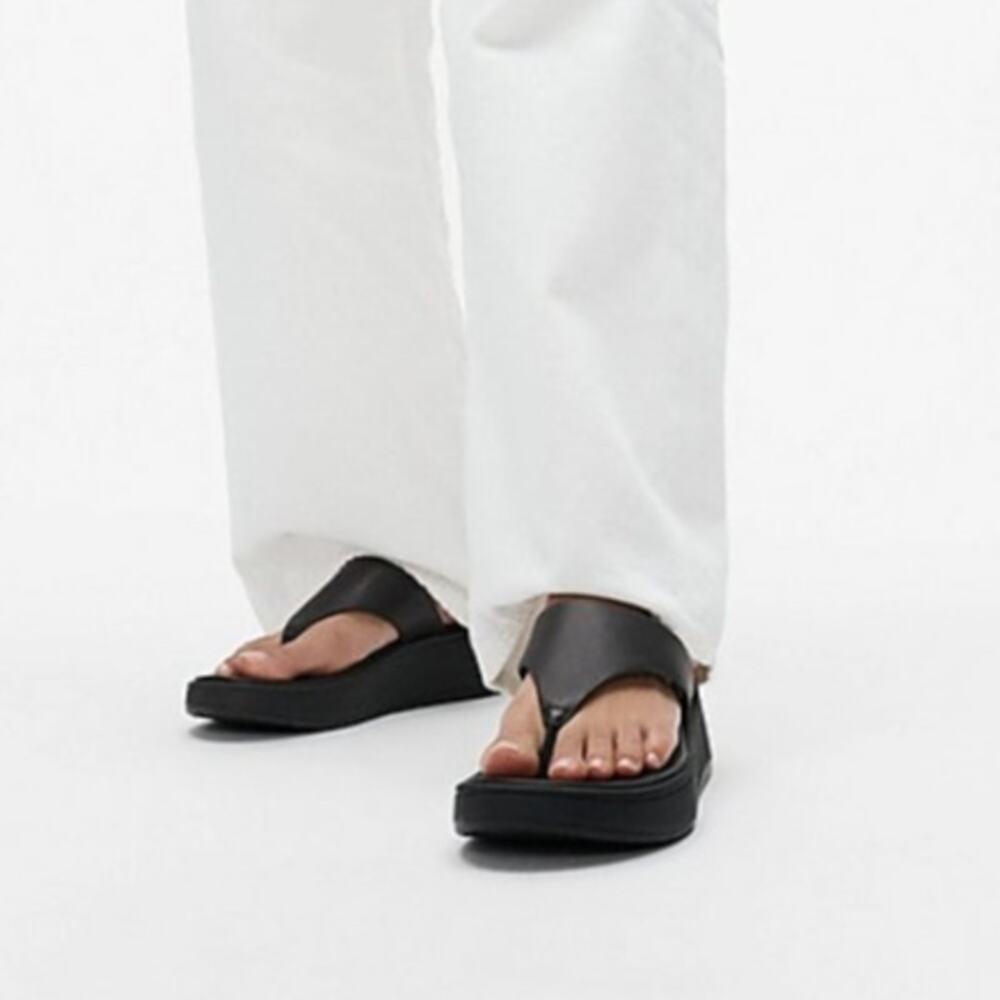 Fitflop Women’s F-Mode Leather Flatform Toe-Post Sandals Slip On Size 6.5 Black